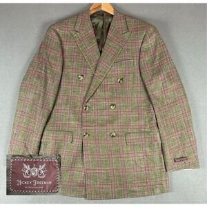 Hickey Freeman Blazer Jacket 42 Long Green Double Breasted Peak Lapel Silk Linen